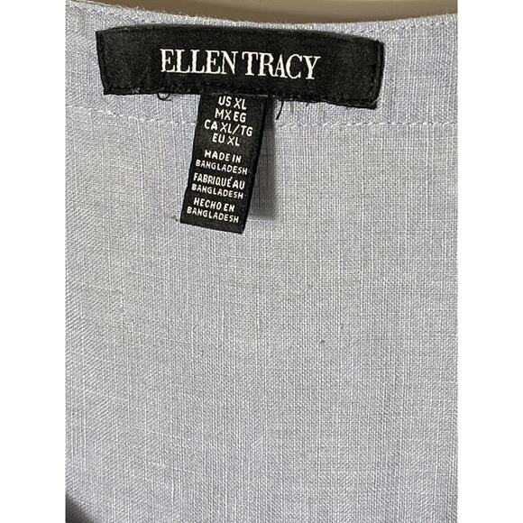 Ellen Tracy Linen Top‎ XL Blue Zip Neck Roll Tab Sleeve 100% Linen Tunic Blouse - Picture 3 of 13